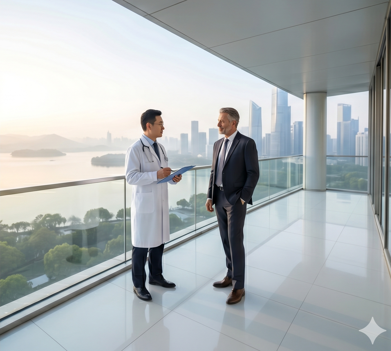 Nexus doctor speaking with a global patient on a high-rise medical terrace